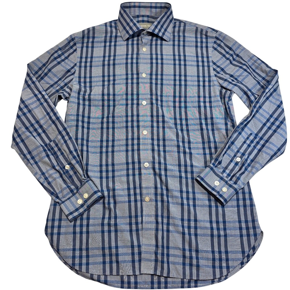 Michael Kors Men Slim Fit Blue Plaid Button Down Shirt Long Sleeve Business